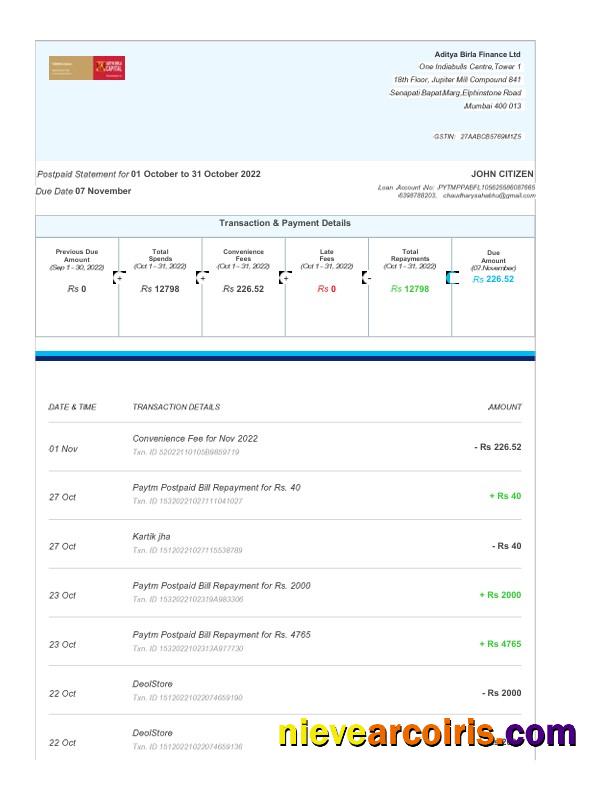 India Aditya Birla Finance Ltd fake bank statement Word and PDF, 3 pages